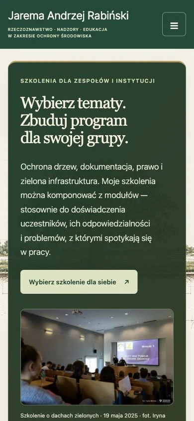 Zakładka Szkolenia na stronie Jaremy Rabińskiego w telefonie